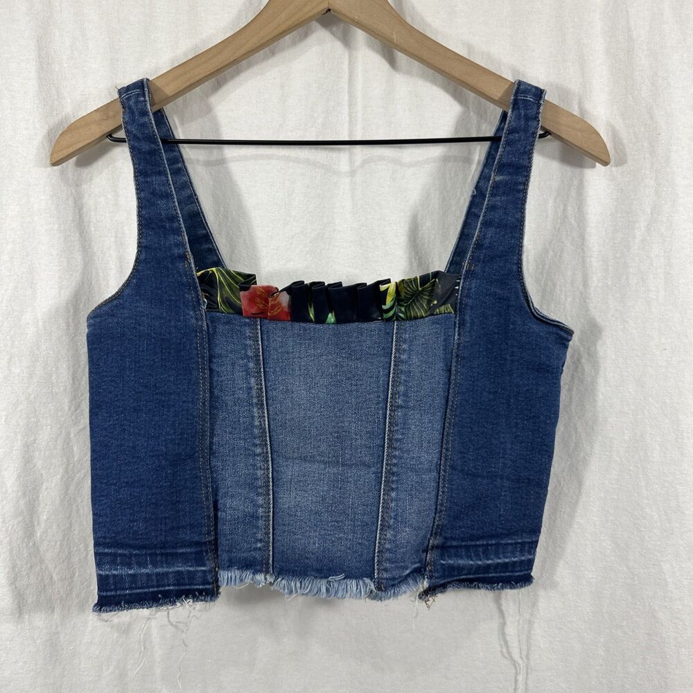 Zara TRF Denim Pleated Detail Crop Bustier Zip Corset Top Womens Sz S Western
